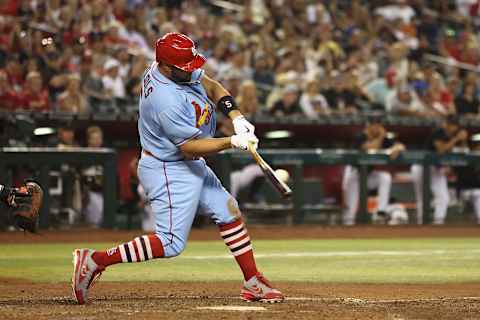 PHOENIX, ARIZONA – AUGUST 20: Albert Pujols #5 of the St. Louis Cardinals hits a single against the Arizona Diamondbacks during the MLB game at Chase Field on August 20, 2022 in Phoenix, Arizona. The Cardinals defeated the Diamondbacks 16-7. (Photo by Christian Petersen/Getty Images)