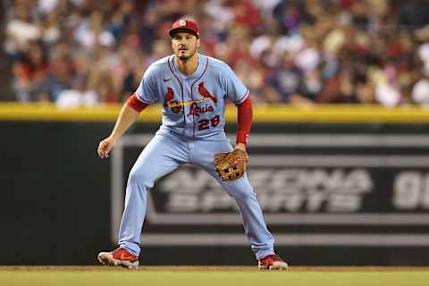 PHOENIX, ARIZONA – AUGUST 20: Infielder Nolan Arenado #28 of the St. Louis Cardinals in action during the MLB game at Chase Field on August 20, 2022 in Phoenix, Arizona. The Cardinals defeated the Diamondbacks 16-7. (Photo by Christian Petersen/Getty Images)