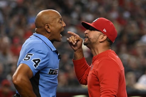 Oliver Marmol #37 of the St Louis Cardinals argues with home plate umpire CB Bucknor #54 after being ejected during the third inning of a game between the St. Louis Cardinals and the Arizona Diamondbacks at Chase Field on August 21, 2022 in Phoenix, Arizona. (Photo by Norm Hall/Getty Images)