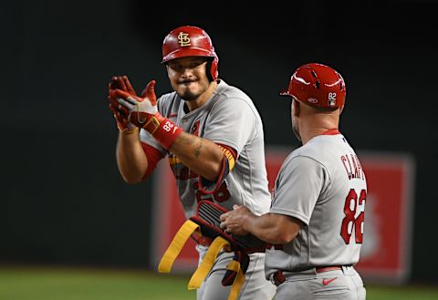 PHOENIX, ARIZONA – AUGUST 21: Nolan Arenado #28 of the St Louis Cardinals reacts after hitting a two-RBI single against the Arizona Diamondbacks during the seventh inning at Chase Field on August 21, 2022 in Phoenix, Arizona. (Photo by Norm Hall/Getty Images)