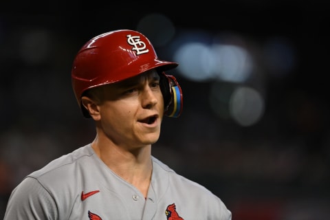 Tyler O’Neill #27 of the St Louis Cardinals reacts after striking out. (Photo by Norm Hall/Getty Images)