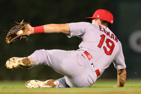 CHICAGO, ILLINOIS – AUGUST 22: Tommy Edman #19 of the St. Louis Cardinals makes a diving catch against the Chicago Cubs at Wrigley Field on August 22, 2022 in Chicago, Illinois. (Photo by Michael Reaves/Getty Images)