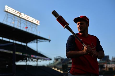 CHICAGO, ILLINOIS – AUGUST 22: Nolan Arenado #28 of the St. Louis Cardinals looks on during batting practice prior to the game against the Chicago Cubs at Wrigley Field on August 22, 2022 in Chicago, Illinois. (Photo by Michael Reaves/Getty Images)