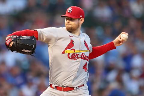 CHICAGO, ILLINOIS – AUGUST 22: Jordan Montgomery #48 of the St. Louis Cardinals delivers a pitch during the first inning against the Chicago Cubs at Wrigley Field on August 22, 2022 in Chicago, Illinois. (Photo by Michael Reaves/Getty Images)