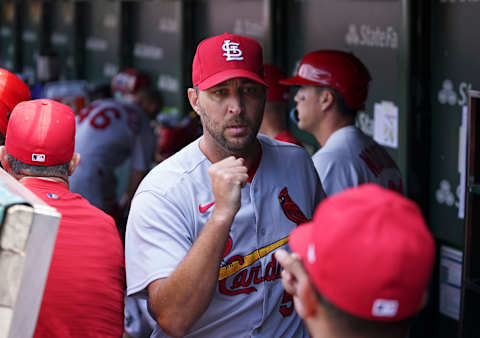 CHICAGO, ILLINOIS – AUGUST 23: Adam Wainwright #50 of the St. Louis Cardinals stands in the dugout prior to a game against the Chicago Cubs at Wrigley Field on August 23, 2022 in Chicago, Illinois. (Photo by Nuccio DiNuzzo/Getty Images)