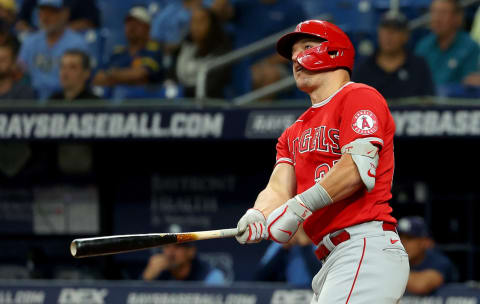 ST PETERSBURG, FLORIDA – AUGUST 24: Mike Trout #27 of the Los Angeles Angels hitsa home run in the eighth during a game against the Tampa Bay Rays at Tropicana Field on August 24, 2022 in St Petersburg, Florida. (Photo by Mike Ehrmann/Getty Images