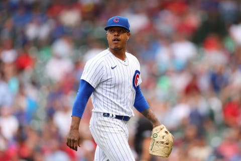 Marcus Stroman #0 of the Chicago Cubs reacts during the fourth inning against the St. Louis Cardinals. (Photo by Michael Reaves/Getty Images)