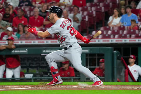 Corey Dickerson #25 of the St. Louis Cardinals hits a single in the second inning against the Cincinnati Reds at Great American Ball Park on August 29, 2022 in Cincinnati, Ohio. (Photo by Dylan Buell/Getty Images)