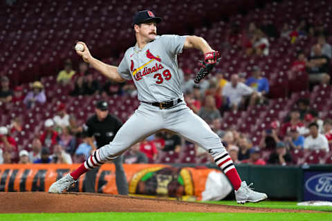 CINCINNATI, OHIO – AUGUST 29: Miles Mikolas #39 of the St. Louis Cardinals pitches in the first inning against the Cincinnati Reds at Great American Ball Park on August 29, 2022 in Cincinnati, Ohio. (Photo by Dylan Buell/Getty Images)