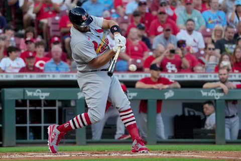 CINCINNATI, OHIO – AUGUST 31: Albert Pujols #5 of the St. Louis Cardinals in the second inning against the Cincinnati Reds at Great American Ball Park on August 31, 2022 in Cincinnati. (Photo by Dylan Buell/Getty Images)