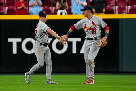 Tyler O’Neill #27 and Lars Nootbaar #21 of the St. Louis Cardinals celebrate. (Photo by Dylan Buell/Getty Images)