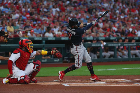 Dansby Swanson #7 of the Atlanta Braves bats against the St. Louis Cardinals at Busch Stadium. (Photo by Dilip Vishwanat/Getty Images)