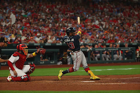 Ronald Acuna Jr. #13 of the Atlanta Braves bats against the St. Louis Cardinals at Busch Stadium. (Photo by Dilip Vishwanat/Getty Images)