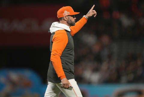 Manager Gabe Kapler #19 of the San Francisco Giants signals to the bullpen. (Photo by Thearon W. Henderson/Getty Images)