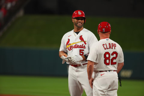 Albert Pujols #5 of the St. Louis Cardinals stands on first base. (Photo by Dilip Vishwanat/Getty Images)