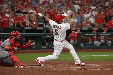 ST LOUIS, MO – SEPTEMBER 16: Albert Pujols #5 of the St. Louis Cardinals hits a two-run home run against the Cincinnati Reds in the sixth inning at Busch Stadium on September 16, 2022 in St Louis, Missouri. (Photo by Joe Puetz/Getty Images)