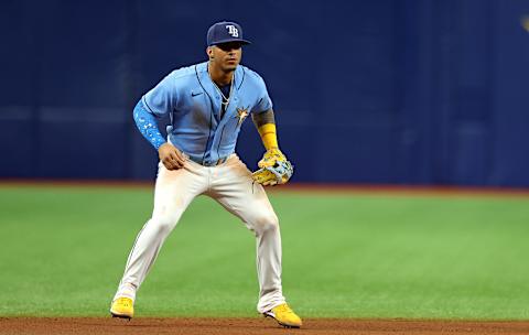 Wander Franco #5 of the Tampa Bay Rays looks on during a game at Tropicana Field. (Photo by Mike Ehrmann/Getty Images)