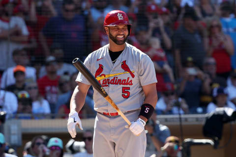 SAN DIEGO, CALIFORNIA – SEPTEMBER 22: Albert Pujols #5 of the St. Louis Cardinalslooks on at bat during the sixth inning of a game against the San Diego Padres at PETCO Park on September 22, 2022 in San Diego, California. (Photo by Sean M. Haffey/Getty Images)