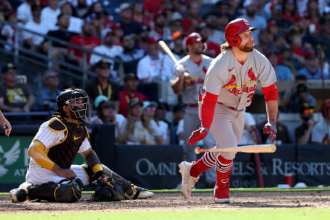 SAN DIEGO, CALIFORNIA – SEPTEMBER 22: Brendan Donovan #33 of the St. Louis Cardinals connects for a grand slam as Austin Nola #26 of the San Diego Padres looks on during the seventh inning of a game at PETCO Park on September 22, 2022 in San Diego, California. (Photo by Sean M. Haffey/Getty Images)