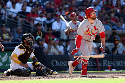 SAN DIEGO, CALIFORNIA – SEPTEMBER 22: Brendan Donovan #33 of the St. Louis Cardinals connects for a grand slam. (Photo by Sean M. Haffey/Getty Images)