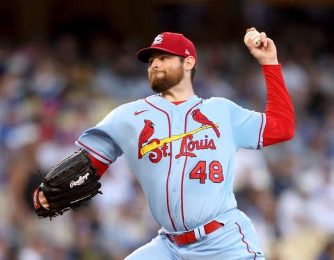 LOS ANGELES, CALIFORNIA – SEPTEMBER 24: Jordan Montgomery #48 of the St. Louis Cardinals pitches against the Los Angeles Dodgers during the first inning at Dodger Stadium on September 24, 2022 in Los Angeles, California. (Photo by Harry How/Getty Images)