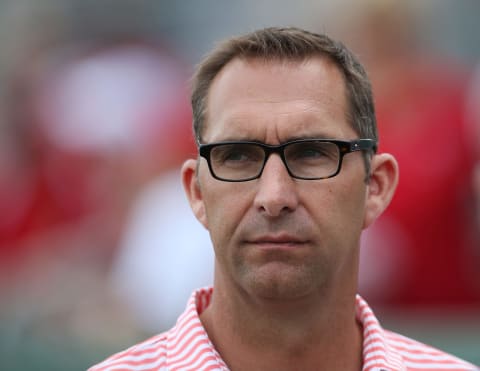 John Mozeliak watches the action prior to the start of the game against the Boston Red Sox at Jet Blue Field on February 26, 2013 in Fort Myers, Florida. The Cardinals defeated the Red Sox 15-4. (Photo by Leon Halip/Getty Images)