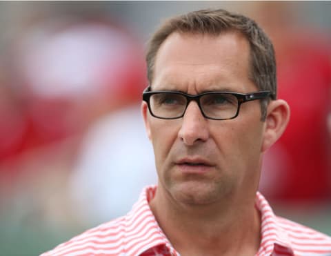 John Mozeliak watches the action prior to the start of the game against the Boston Red Sox at Jet Blue Field on February 26, 2013 in Fort Myers, Florida. The Cardinals defeated the Red Sox 15-4. (Photo by Leon Halip/Getty Images)