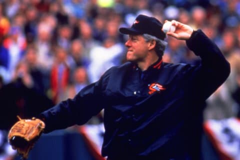 APR 1992: BILL CLINTON THROWS OUT THE FIRST PITCH ON THE FIRST DAY OF THE 1992 BASEBALL SEASON AT ORIOLE PARK AT CAMDEN YARDS IN BALTIMORE, MARYLAND. Mandatory Credit: Scott Wachter/ALLSPORT