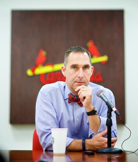 John Mozeliak addresses the media at a press conference at Busch Stadium on December 3, 2014 in St. Louis Missouri. (Photo by Taka Yanagimoto/St. Louis Cardinals Archive)