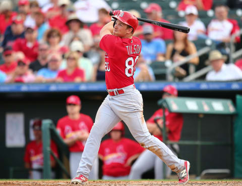 JUPITER, FL – MARCH 5: Charlie Tilson #80 of the St. Louis Cardinals at bat during the spring training game against the Miami Marlins on March 5, 2016 in Jupiter, Florida. (Photo by Rob Foldy/Getty Images)