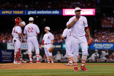 ST. LOUIS, MO – AUGUST 27: Starter Alex Reyes #61 of the St. Louis Cardinals walks to the dugout after being relieved from the mound during the fifth inning of a baseball game against the Oakland Athletics at Busch Stadium on August 27, 2016 in St. Louis, Missouri. (Photo by Scott Kane/Getty Images)