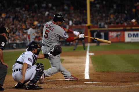 Albert Pujols of the St. Louis Cardinals hits a home run against the Detroit Tigers during Game One of the World Series at Comerica Park in Detroit, Michigan on October 21, 2006. The Cardinals defeated the Tigers 7-2. (Photo by Scott Rovak/MLB Photos via Getty Images)