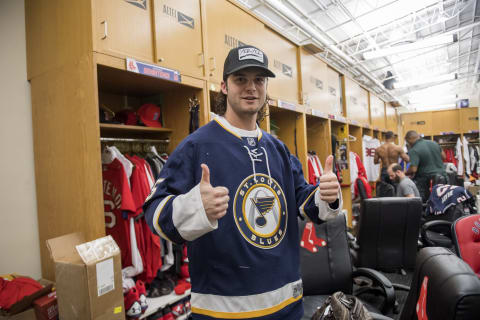 BOSTON, MA – SEPTEMBER 14: Andrew Benintendi #16 of the Boston Red Sox wears a St. Louis Blues jersey for the road trip to Baltimore following a game against the Oakland Athletics at Fenway Park on September 14, 2017 in Boston, Massachusetts. (Photo by Michael Ivins/Boston Red Sox/Getty Images)