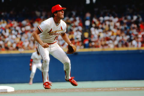 ST. LOUIS, MO – SEPTEMBER 1: Andy Van Slyke of the St. Louis Cardinals tracks down a ball during a game in September 1983 at Busch Stadium in St. Louis, Missouri. (Photo by St. Louis Cardinals, LLC/Getty Images)