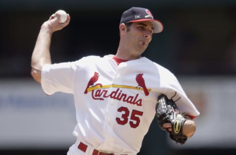 ST. LOUIS – JUNE 30: Starting Pitcher Matt Morris #35 of the St. Louis Cardinals throws the ball against the Cincinnati Reds during the MLB game on June 30, 2002 at Busch Stadium in St. Louis, Missouri. The Cincinnati Reds beat the St. Louis Cardinals 12-8. (Photo by Elsa/Getty Images)