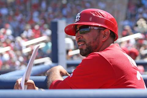 Oliver Marmol #37 of the St Louis Cardinals watches game action against the Washington Nationals during a spring training game at The Ballpark of the Palm Beaches on March 16, 2018 in West Palm Beach, Florida. The Nationals defeated the Cardinals 4-2. (Photo by Joel Auerbach/Getty Images)