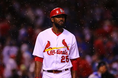 ST. LOUIS, MO – MAY 6: Dexter Fowler #25 of the St. Louis Cardinals returns to the dugout after a rain delay was called in the third inning during the game against the Chicago Cubs at Busch Stadium on May 6, 2018 in St. Louis, Missouri. (Photo by Dilip Vishwanat/Getty Images)