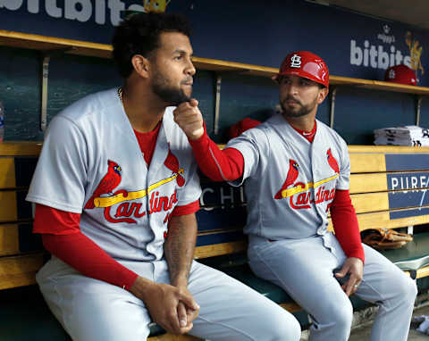 DETROIT, MI – SEPTEMBER 7: First base coach Oliver Marmol #37 of the St. Louis Cardinals playfully tugs on the beard of Jose Martinez #38 of the St. Louis Cardinals during the first inning of a game against the Detroit Tigers at Comerica Park on September 7, 2018 in Detroit, Michigan. (Photo by Duane Burleson/Getty Images)