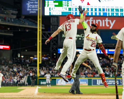 DETROIT, MI – SEPTEMBER 08: Marcell Ozuna #23 of the St. Louis Cardinals hits a game tying two run, home run in the top of the ninth inning and gets a hi-five from teammate Matt Carpenter #13 during a MLB game against the Detroit Tigers at Comerica Park on September 8, 2018 in Detroit, Michigan. (Photo by Dave Reginek/Getty Images)