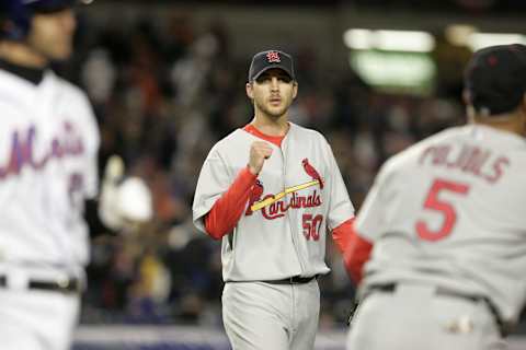 St. Louis Cardinals Adam Wainwright saving the victory during MLB game 2 of the National League Championship Series against the New York Mets played at Shea Stadium in Flushing, N.Y. Cardinals defeated the Mets 9 – 6 on October 13, 2006. (Photo by Bryan Yablonsky/Getty Images)