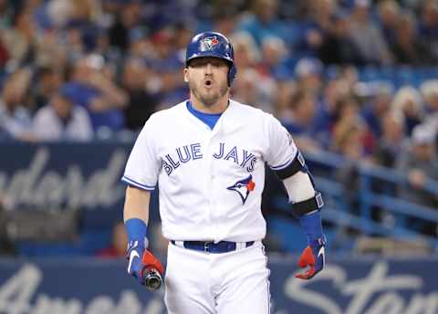 TORONTO, ON – MAY 12: Josh Donaldson #20 of the Toronto Blue Jays reacts after fouling a ball off his leg in the first inning during MLB game action against the Boston Red Sox at Rogers Centre on May 12, 2018 in Toronto, Canada. (Photo by Tom Szczerbowski/Getty Images)