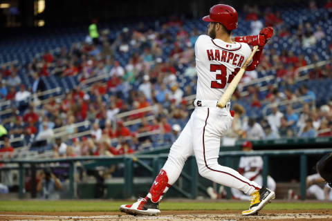 WASHINGTON, DC – SEPTEMBER 05: Bryce Harper #34 of the Washington Nationals hits a double in the first inning against the St. Louis Cardinals at Nationals Park on September 5, 2018 in Washington, DC. (Photo by Patrick McDermott/Getty Images)