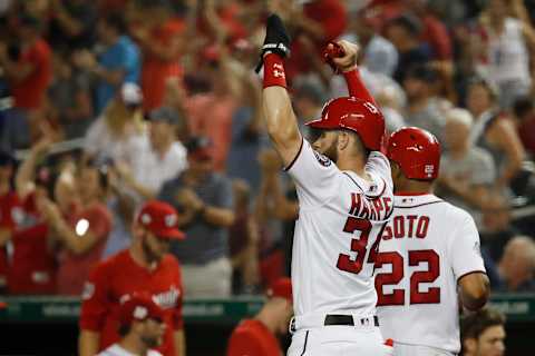 WASHINGTON, DC – SEPTEMBER 05: Bryce Harper #34 of the Washington Nationals celebrates after scoring on an three-run RBI double by Ryan Zimmerman #11 (not pictured) in seventh inning against the St. Louis Cardinals at Nationals Park on September 5, 2018 in Washington, DC. (Photo by Patrick McDermott/Getty Images)