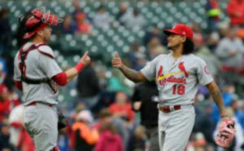 DETROIT, MI – SEPTEMBER 9: Catcher Carson Kelly #19 of the St. Louis Cardinals celebrates with closing pitcher Carlos Martinez #18 of the St. Louis Cardinals after a 5-2 win over the Detroit Tigers at Comerica Park on September 9, 2018 in Detroit, Michigan. (Photo by Duane Burleson/Getty Images)