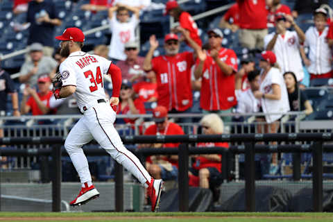 WASHINGTON, DC – SEPTEMBER 26: Bryce Harper #34 of the Washington Nationals takes the field against the Miami Marlins during the Nationals last home game of the year at Nationals Park on September 26, 2018 in Washington, DC. (Photo by Rob Carr/Getty Images)