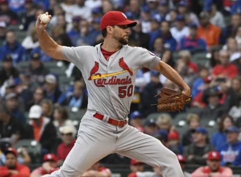 CHICAGO, IL – SEPTEMBER 28: Adam Wainwright #50 of the St. Louis Cardinals pitches against the Chicago Cubs during the first inning on September 28, 2018 at Wrigley Field in Chicago, Illinois. (Photo by David Banks/Getty Images)