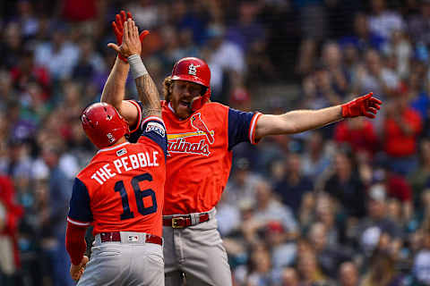 DENVER, CO – AUGUST 24: Miles Mikolas #39 of the St. Louis Cardinals celebrates with Kolten Wong #16 after hitting a second inning 2-run homerun against the Colorado Rockies during Players Weekend at Coors Field on August 24, 2018 in Denver, Colorado. Players are wearing special jerseys with their nicknames on them during Players’ Weekend. (Photo by Dustin Bradford/Getty Images)