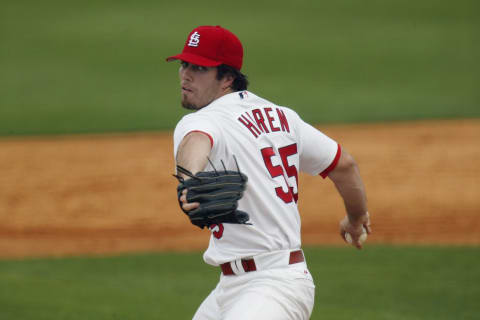 JUPITER, FL – MARCH 9: Pitcher Danny Haren #55 of the St. Louis Cardinals pitches during the Spring Training game against the Baltimore Orioles on March 9, 2004 at Roger Dean Stadium in Jupiter, Florida. The Cardinals won 4-2. (Photo by Eliot J. Schechter/Getty Images)