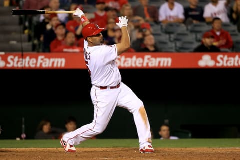 ANAHEIM, CA – MAY 12: Albert Pujols #5 of the Los Angeles Angels of Anaheim hits a two run homerun during the ninth inning of a baseball game between the Los Angeles Angels of Anaheim and the St. Louis Cardinals at Angel Stadium of Anaheim on May 12, 2016 in Anaheim, California. (Photo by Sean M. Haffey/Getty Images)