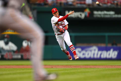 ST. LOUIS, MO – JUNE 23: Aledmys Diaz #36 of the St. Louis Cardinals throws to first base against the Pittsburgh Pirates in the second inning at Busch Stadium on June 23, 2017 in St. Louis, Missouri. (Photo by Dilip Vishwanat/Getty Images)